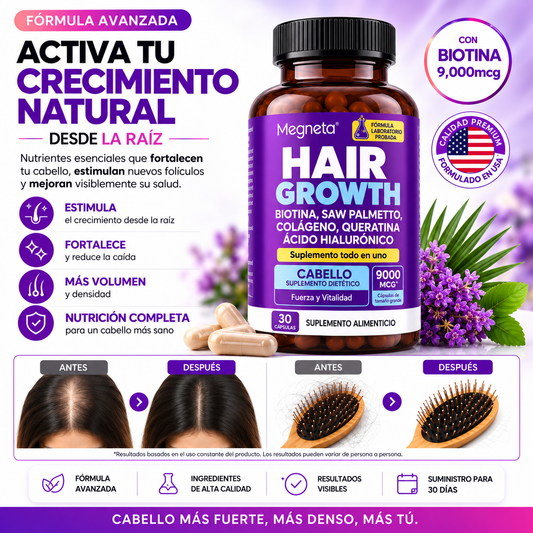 Hair Growth – Suplemento Anticaída con Biotina, Colágeno y Zinc